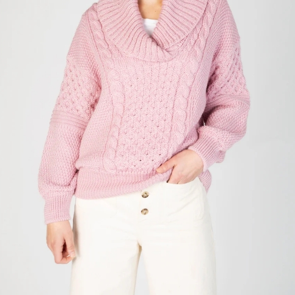 Ireland's Aster Shawl Collar Oversized Cozy Pink Cable Knit Sweater Pastel Pink - Picture 3 of 11